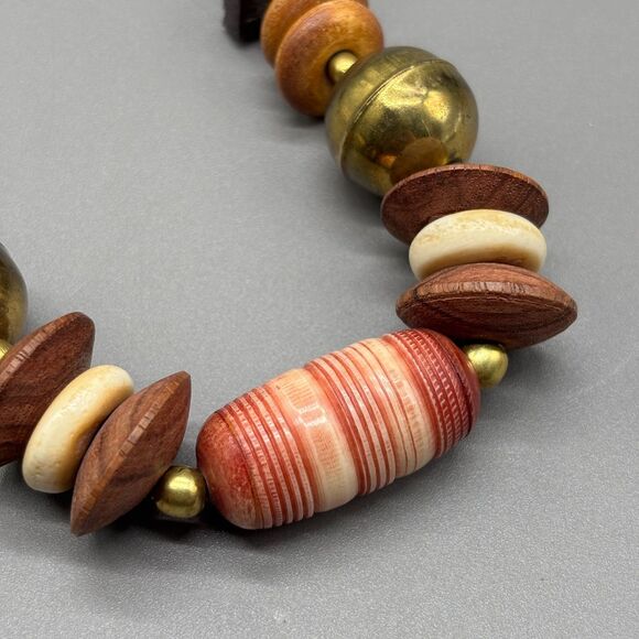 Tribal Style Statement Necklace Brass Bone Horn Wood Stone Beads 1970s Boho - Picture 3 of 16